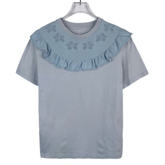 Miu Miu Blue Round Neck Short Sleeve T-Shirt With Ruffled Hollow Design Made In - Picture 1 of 6